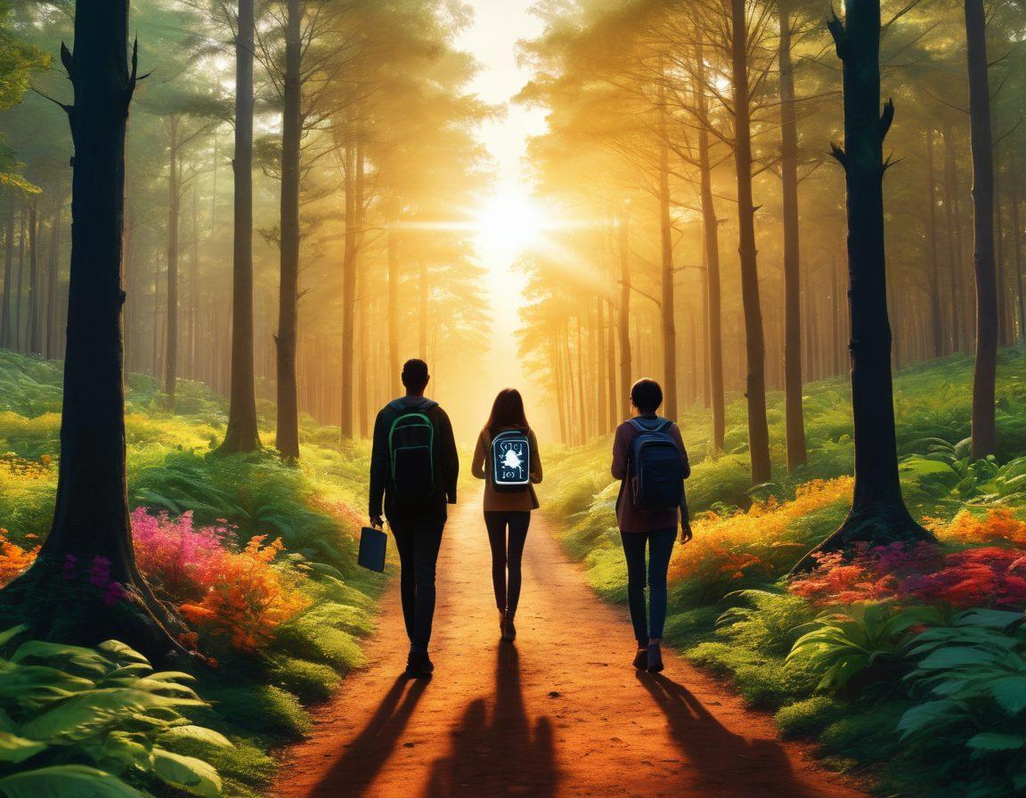 A lush pathway leading through a vibrant, digitally designed forest representing various blogging niches, with small, glowing signs illuminating the way to success. Alkoora Network members are depicted as diverse silhouettes walking confidently along the path, carrying laptops and notebooks. In the background, a bright sunrise symbolizes new beginnings and opportunities. Captivating elements include whimsical flora and fauna that reflect creativity and inspiration. vibrant colors. 3D.