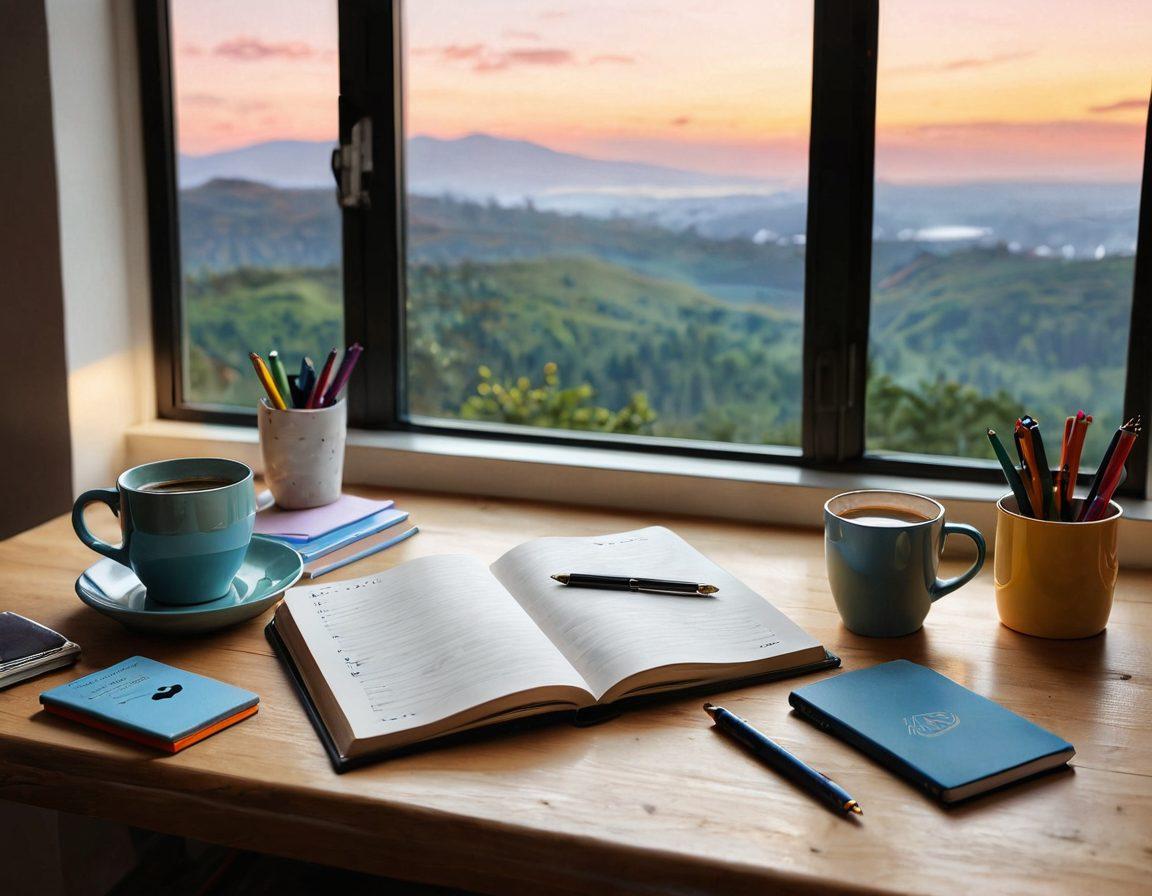 A serene workspace scene featuring a beautifully designed digital diary on a sleek desk, surrounded by colorful stationery, a cozy coffee mug, and ambient lighting. In the background, a window reveals a picturesque landscape, symbolizing inspiration and creativity. Include subtle digital elements like icons or graphics representing engagement and content ideas floating around. super-realistic. vibrant colors. cozy atmosphere.