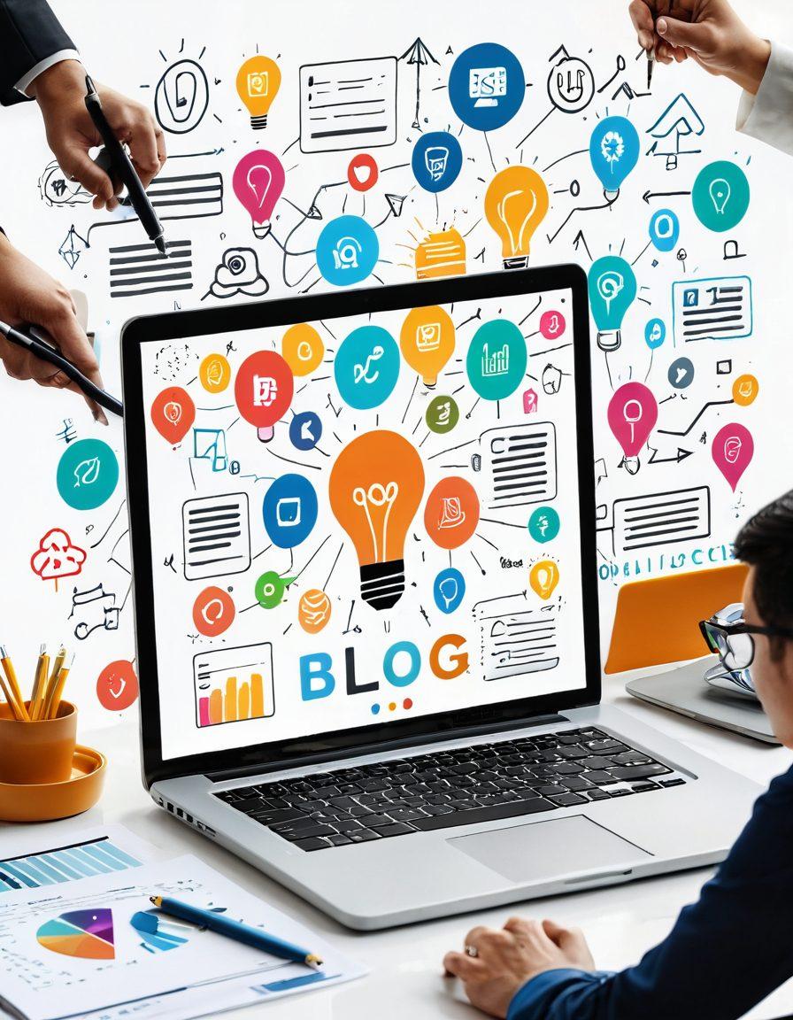An open laptop displaying a vibrant blog page with engaging content and graphs, surrounded by keys unlocking secrets, symbols of success like upward arrows and light bulbs, and a diverse group of people brainstorming around it, showing collaboration. super-realistic. vibrant colors. white background.